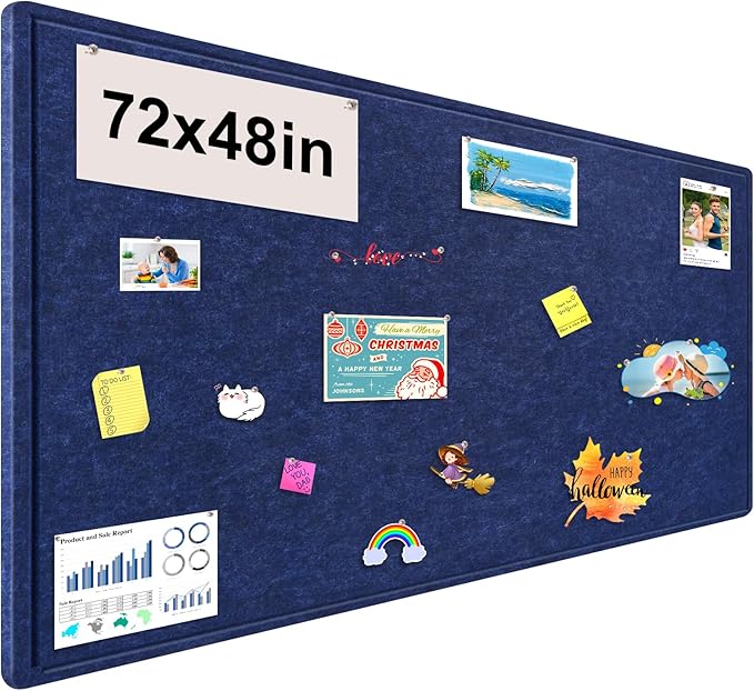 Large Bulletin Board, 72x48 Inches Cork Board Alternative, Large Felt Board Decorative Pin Board for Wall, Foldable Photo Board Self-Adhesive Vision Board with 36 Pushpins Dark Blue