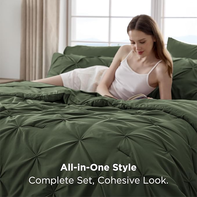 Bedsure California King Comforter Set Olive Green - Bed in a Bag Cal King Bedding Set 7 PCS, GentleSoft™ Pintuck Bed Set Gift for Family, Pinch Pleat Green Comforter with Sheets, Pillowcases & Shams