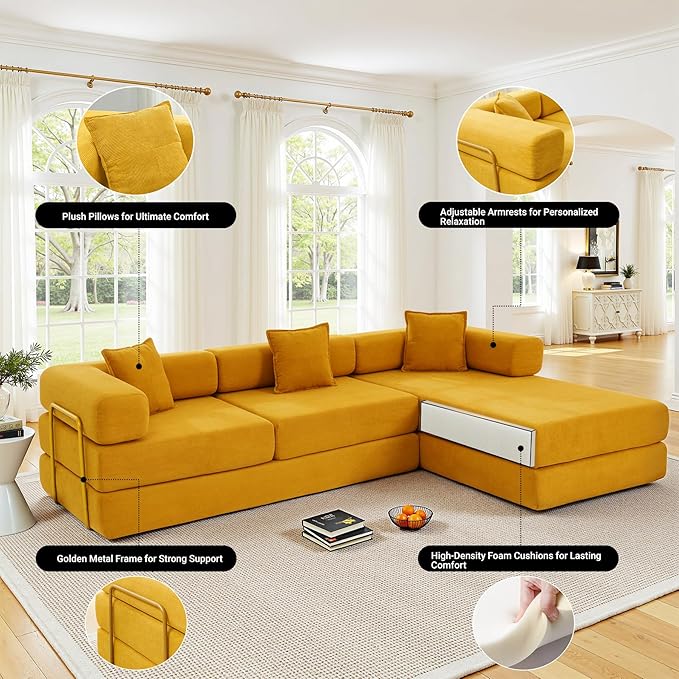 108" Oversized Convertible Sleeper Sofa Bed, Corduroy L Shape Sectional Couch, Folding Sofa Bed with Fixed-Shape Frame, Modern Cloud Floor Mattress Couch, Modular Sofa for Living Room, Yellow