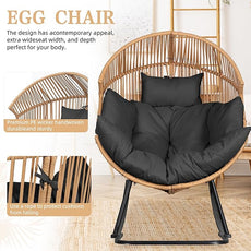 Vongrasig Comfy Wicker Rocking Egg Chair, Soft Thick Cushion Rattan Lounge Chair, High Capacity Steel Frame, Reading Chair for Living Room, Bedroom, Dorm Rooms (Black)