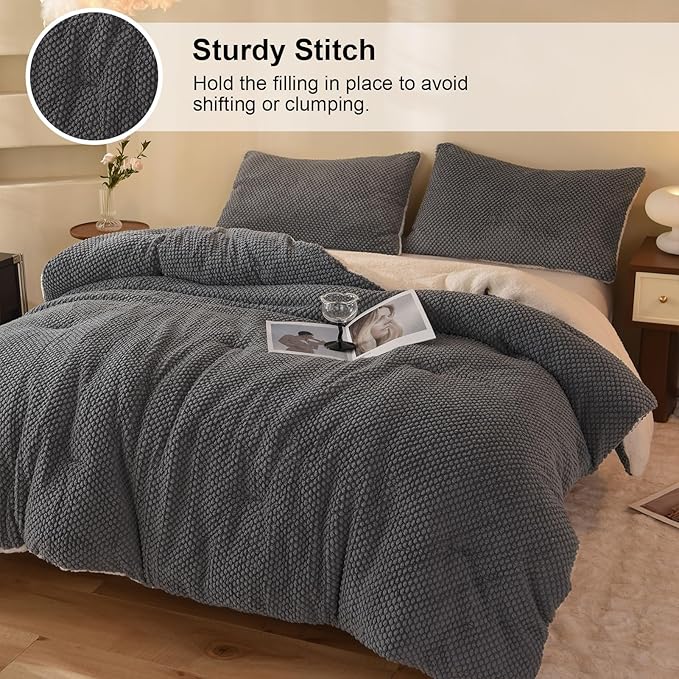 3D Jacquard Design Comforter Set, Ultra-Soft Warm Full Size Sherpa Fur Plush 3-Pieces Sets Luxury Cozy Bedding with 2 Pillowcases (80"x90", Grey)