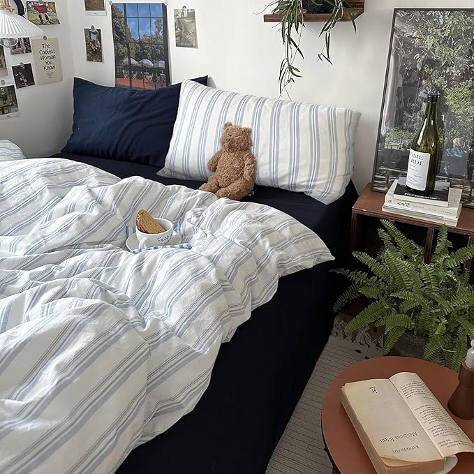 VM VOUGEMARKET Striped Duvet Cover Set 100% Washed Cotton Linen Like Textured Breathable Durable Comfy Modern Bedding Set for Boys Men (Demin Blue&White Stripes, Queen 90"x90")