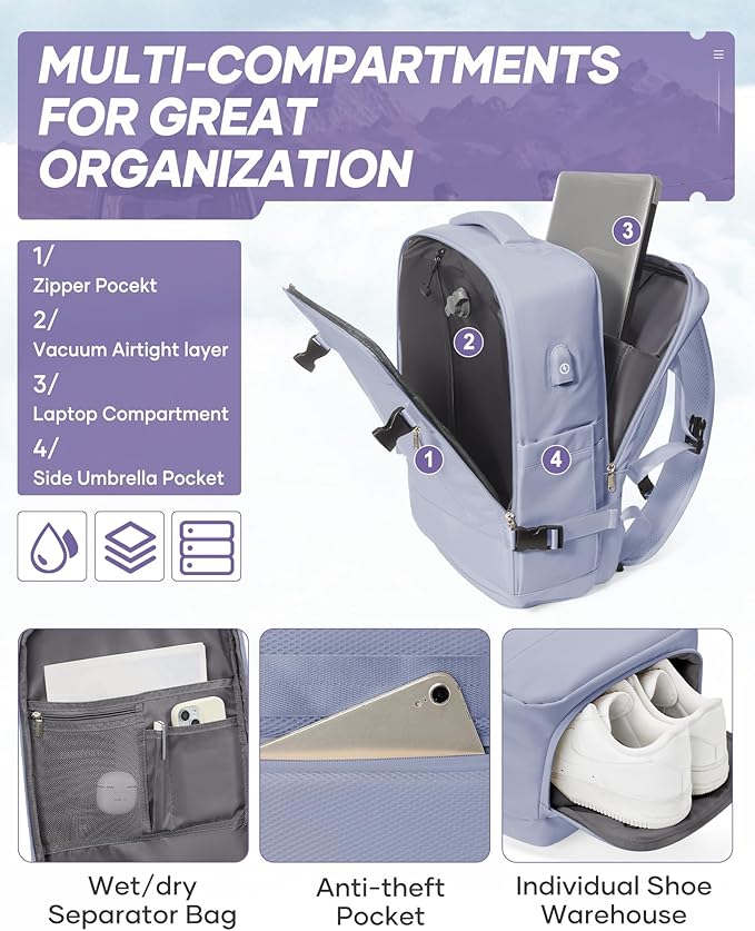 suwasp Vacuum Travel Backpack with Electric Vacpack Pump for Women, 40L Expandable Vacuum Compression Bags Personal Item Backpack Flight Approved Vacuum Seal Backpack for Traveling, Light Purple