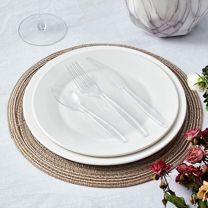 Cutlery Set Plastic Utensils Clear Forks Spoons Knives Disposable Silverware Heavyweight [300 Combo Box]