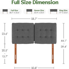 Tufted Upholstered Full Headboard, Adjustable Height Full Size Headboard Only from 39”to 44” with Durable Solid Wood Legs, Modern Button Diamond Fabric Head Board with Width Adapters, Grey