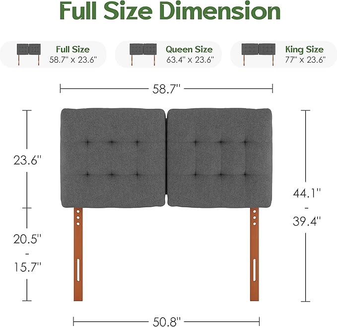 Tufted Upholstered Full Headboard, Adjustable Height Full Size Headboard Only from 39”to 44” with Durable Solid Wood Legs, Modern Button Diamond Fabric Head Board with Width Adapters, Grey