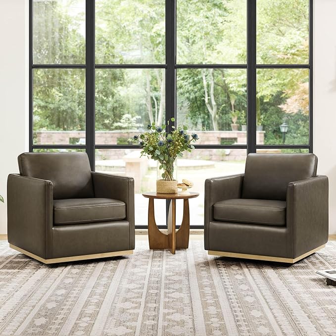 CHITA Genuine Leather Swivel Accent Chair, FSC Certified Mid Century Modern Arm Chair for Living Room and Bedroom, Fully Assembled, Mink Brown