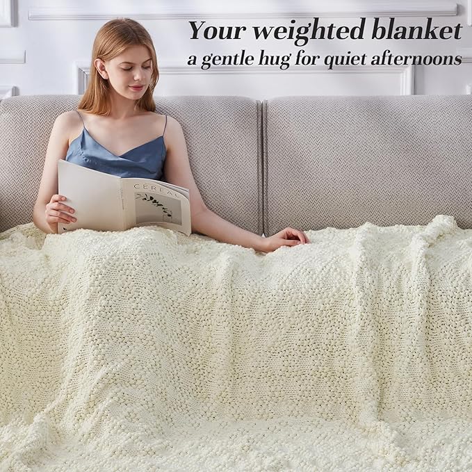 Knitted Weighted Blanket for Adult, Chunky Knit Weighted Throw for Sleep 50"*60" 7lbs, Cooling Breathable Heavy Blanket for Hot Sleepers, Machine Washable Blanket for Room Decor(Ivory White)