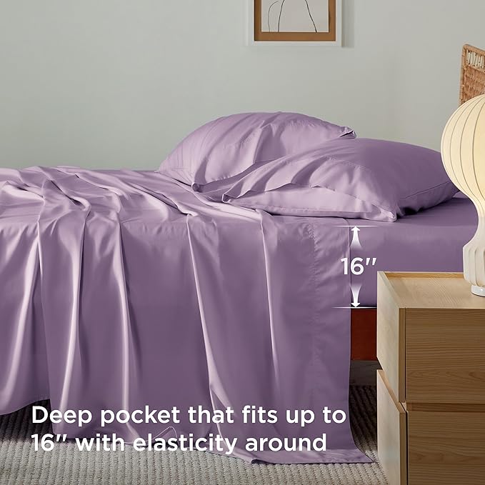 Bedsure King Size Sheets Set, Cooling Sheets for Hot Sleepers, Rayon Derived from Bamboo, Breathable & Soft, Deep Pocket Up to 16 Inches, Hotel Luxury Silky Bedding, Lilac