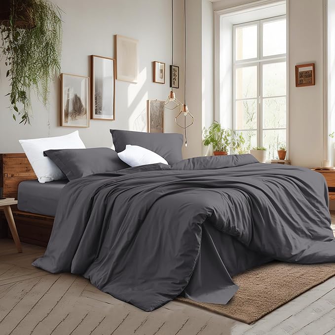 Dark Grey Duvet Cover Set Queen Size 100% Egyptian Cotton 3Pcs Home Bedding Set- 1 Duvet Cover with 2 Pillowcases, 400 Thread Count Super Soft Cover with Corner Ties(90x90 Inches, Dark Grey)