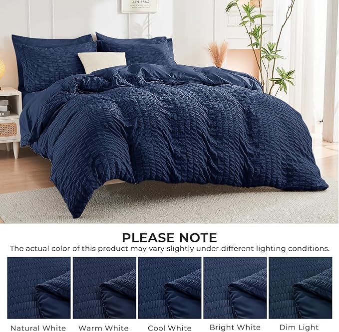 HYMOKEGE Navy Blue Oversized King Comforter Set Seersucker 7 Pieces, All Season Luxury Bed in a Bag for Bedroom, Bedding Set with Comforter, Sheets, Pillowcases & Shams