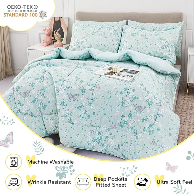 Viviland Kids Full Bedding Sets for Girls, Soft Full Comforter Set with Sheets, 7 Pieces Microfiber Bed in a Bag, Green Butterfly