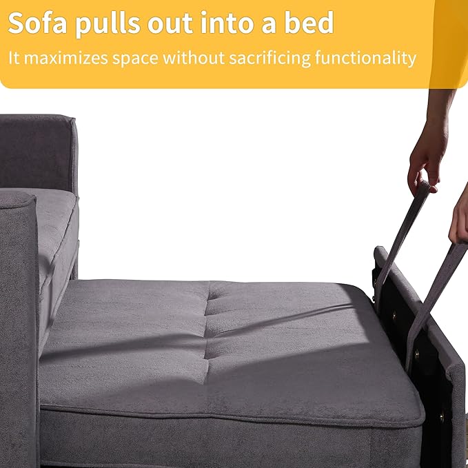 EJUNQ Pull Out Couch, Convertible Sofa Bed with USB and Reclining Backrest, Modern 3 in 1 Sleeper Sofa Couch Bed with Side Pockets, Comfortable Loveseat Sleeper for Small Spaces.((Gray)