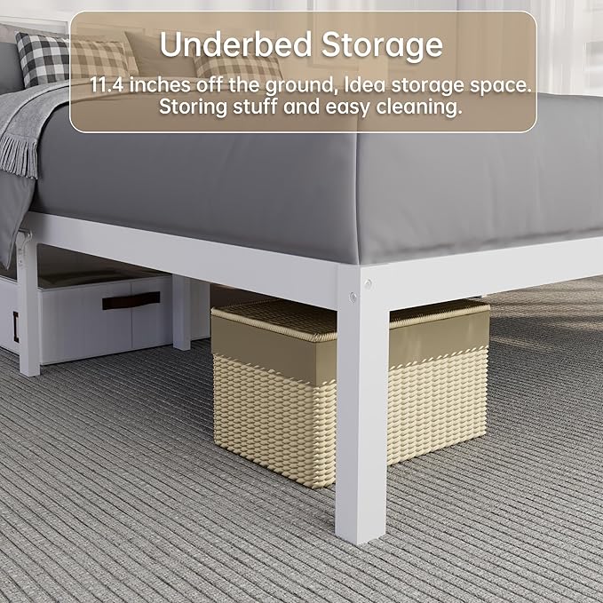 14 Inch Bamboo Bed Frame – Solid Wood Platform Bed Frame, Strong and Stable, with Non-Slip Slats for Support, No Box Spring Needed, Easy to Assemble, Noise-Free (White, Queen with Headboard)