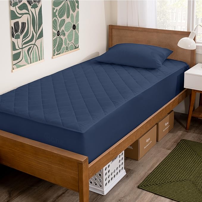 Bare Home Twin Quilted Fitted Mattress Pad - Cooling Mattress Cover - Easily Washable - Elastic Fitted Cover for Mattress - Stretch-to-Fit up to 15 Inches Deep (Twin, Dark Blue)
