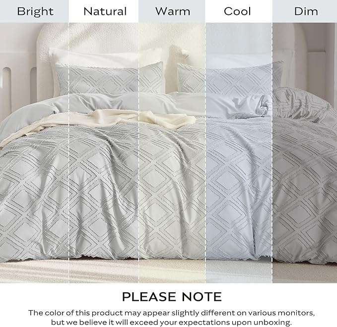 JELLYMONI Duvet Cover Queen Size Light Grey - 3PCS Boho Duvet Cover Set Plaid Polyester Tufted Bohemian Jacquard Knit Textured Comforter Cover 90×90in Rhombic Geometric Pattern Zipper Corner Tie