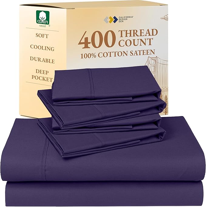 California Design Den 6-Pc Queen Size Sheet Set with 4 Pillowcases - 400 Thread Count 100% Cotton Sheets, Sateen Weave, Deep Pocket Bedsheets Set - Dark Purple