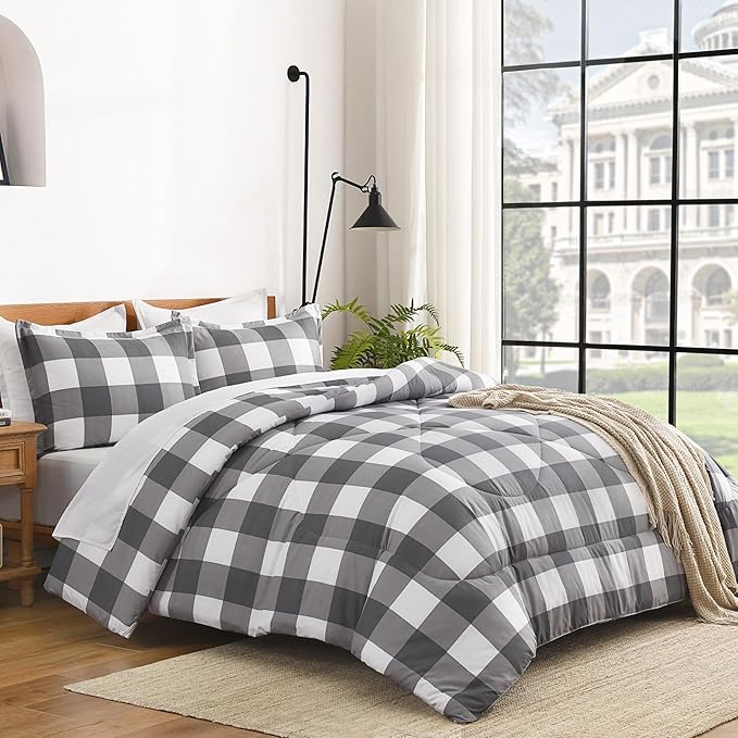 Andency Plaid Comforter Full(79x90Inch), Gray White Checkered Gingham Buffalo Bed Set for Boys Teens, Lightweight Bedding，3 Pieces(1 Comforter & 2 Pillowcases)