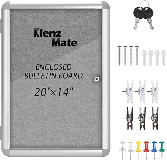 20"x14" Enclosed Cork Bulletin Board Tamper-Proof Dispaly Case,Grey Fabric&Aluminium Frame,Shatter Resistant Lockable Bulletin Board with Clear Acrylic Door for School,Office,Mall,Community,Hospital