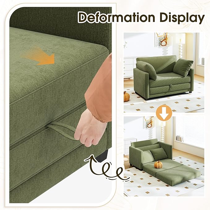 51" Convertible Loveseat Sofa Bed, 2 in1 Folding Sofa Bed, Loveseat Sleeper Sofa for Small Spaces, Fold Out Floor Couch with 2 Pillows for Apartment, Living Room & Guest Room, Green Chenille Fabric