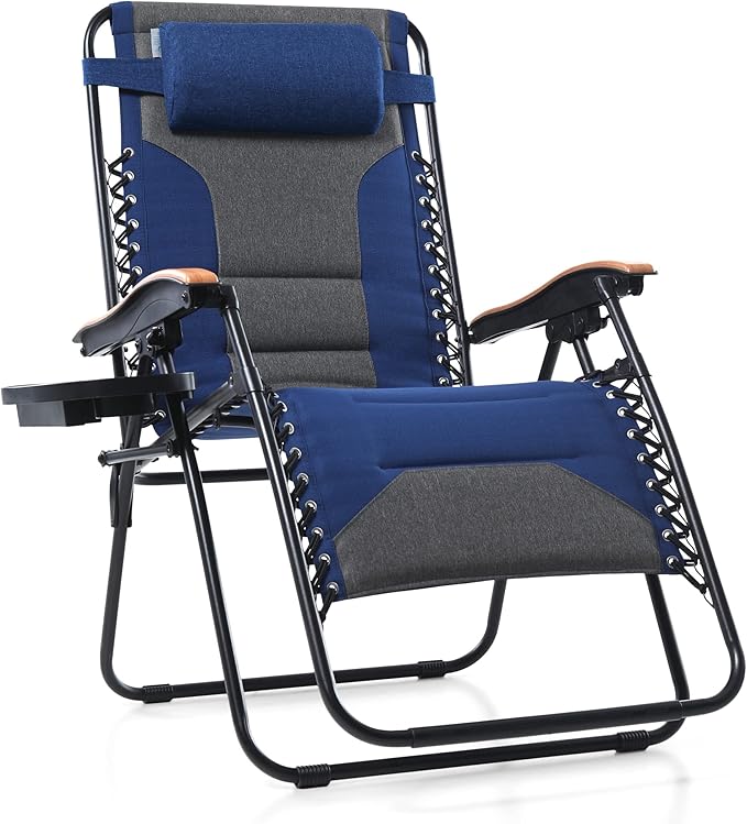 PHI VILLA XXL Oversized Padded Zero Gravity Chair, Foldable Patio Recliner, 30" Wide Seat Anti Gravity Lounger with Cup Holder, Support 400 LBS (Thumb Blue)