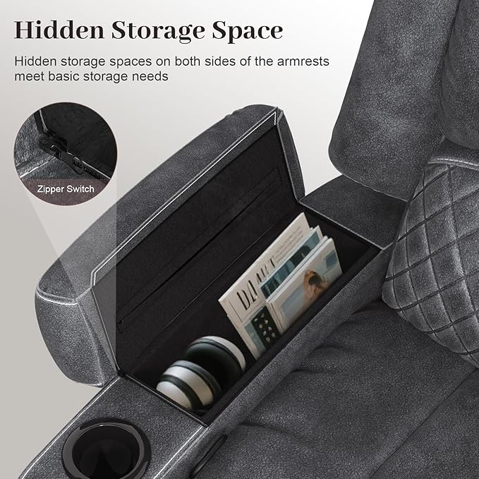 Home Theater Seating Reclining Sectional Sofa, 5 Seats Soft Dutch Velvet Recliner Corner Sectional Couch, Recliner Couch with USB Charging, Thickened Padding, Sturdy Frame, Grey