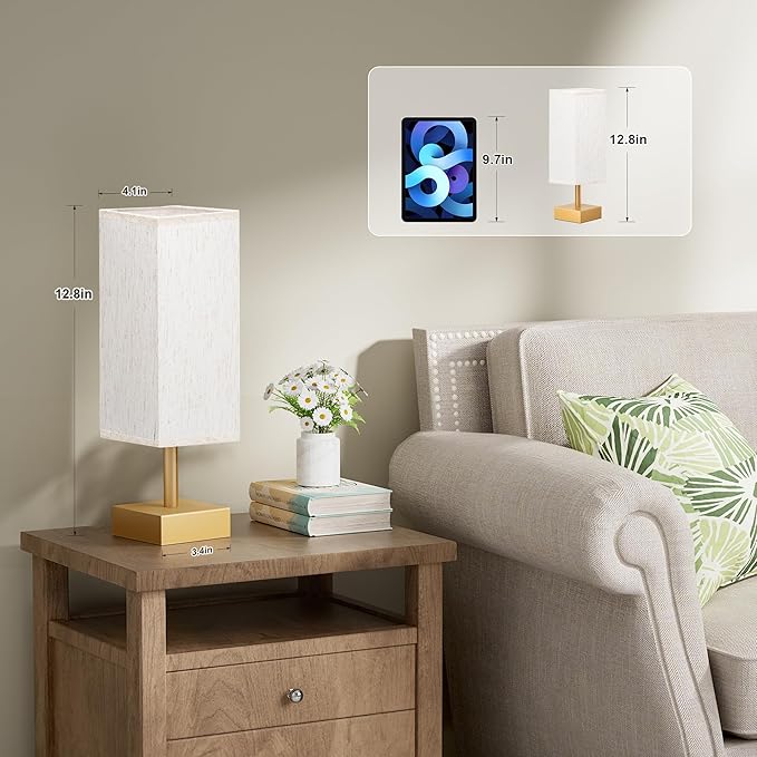 aooshine Gold Small Table Lamp - Bedside Lamp for Bedroom, Minimalist Nightstand Lamp with Square Fabric Shade, Desk Lamp for Kids Room Dorm