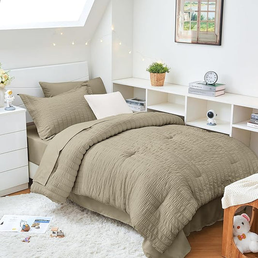 HYMOKEGE Linen Twin XL Comforter Set Seersucker 5 Pieces, All Season Luxury Bed in a Bag for Bedroom, Bedding Set with Comforter, Sheets, Pillowcase & Sham
