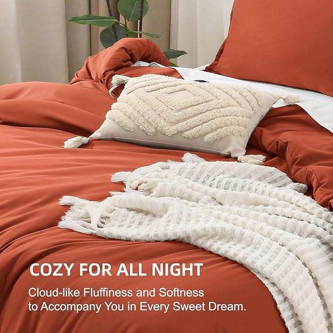 Litanika Comforter Set, Lightweight Solid Bedding Comforter Set, Fluffy Down Alternative Bed Set, Burnt Orange, Super King