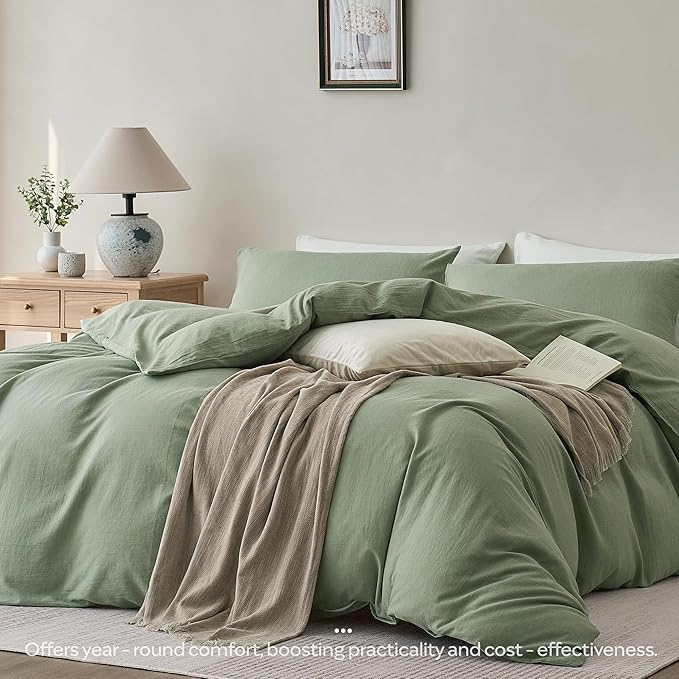 JELLYMONI Washed Cotton Duvet Cover Set Twin Size, Sage Green - Super Soft & Breathable Bedding Comforter Cover with Zipper, for Modern Home, Guest Room, and Everyday Use,1 Duvet Cover & 1 Pillowcase