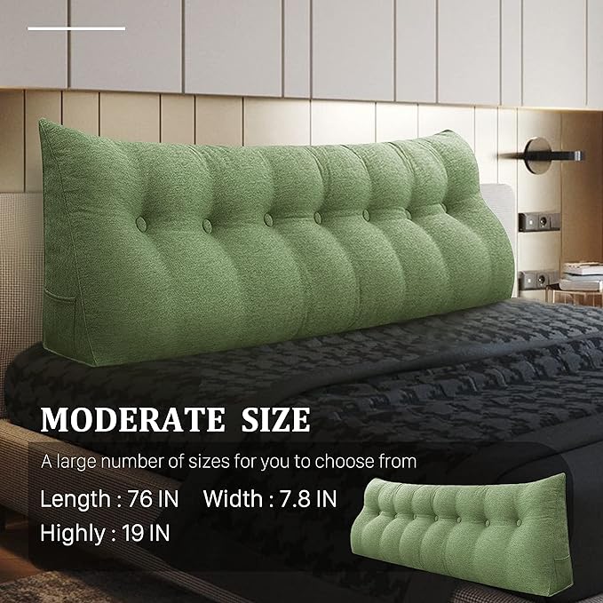 14 lbs Thickened Headboard Pillow Wedge Pillow Headboard Reading Pillow Bed for Backrest Reading Triangular Pillow with Side Pocket for Sitting in Bed Cotton Linen Green King