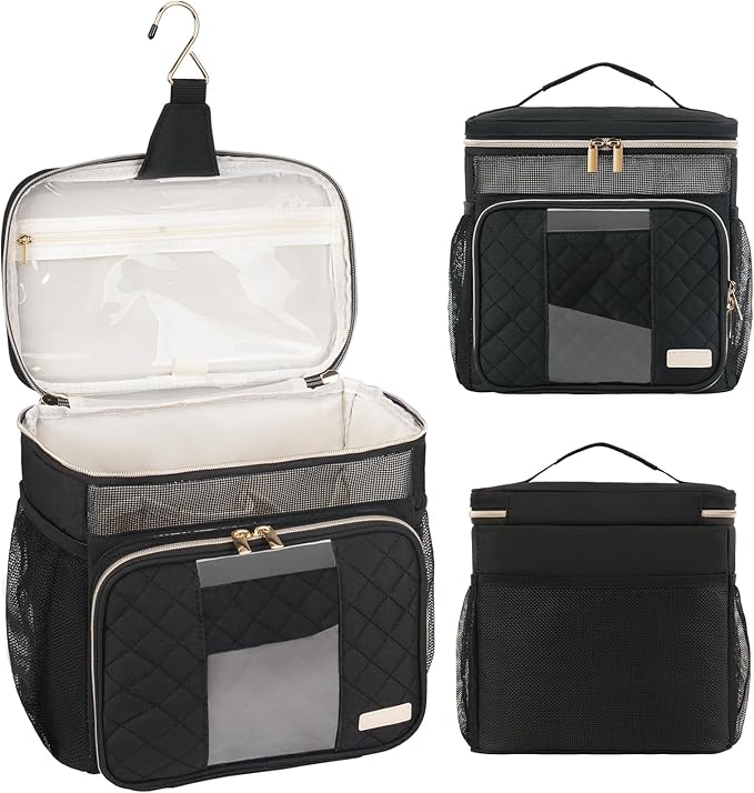 Portable Shower Caddy (Full Size Bottle Compatible),Travel Shower Tote Bag with Quick Dry Mesh Base,Hanging Toiletry Cosmetic Bag for Gym,College,Camping & Dorm, Black