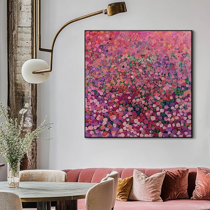 36"x36" Large Framed Wall Art Colorful Wildflower Garden Abstract Pink and Red Floral Field (Frame Assembly Required)