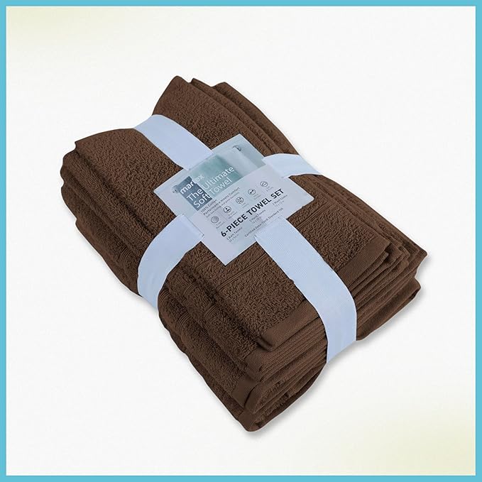 Martex 6-Piece Towel Set – Ultimate Performance – 100% Cotton – 2 Bath Towels – 2 Hand Towels – 2 Wash Cloths – Versatile – Low-Linting – Supersoft & Absorbent Bathroom Set – Easy Care – Chocolate
