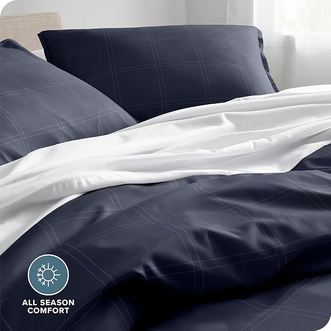 Bare Home Bedding Duvet Cover Set Extra Long Size - Premium 1800 Collection - Lightweight, Cooling - Soft Textured (Twin/Twin XL, Modern Plaid - Midnight Blue/White)
