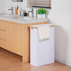efluky Slim Laundry Basket with Lid, Narrow Laundry Hamper with Removable Bag, Skinny Dirty Clothes Basket with Bamboo Handles for Bathroom, Bedroom & Laundry Room, 75L White
