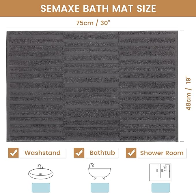 SEMAXE Bath Mat for Bathroom 2-Pack, 100% Cotton Non-Slip Mats [Not a Bathroom Rug], Super Absorbent and Soft Floor Towels, Machine Washable Shower Foot Towels, Charcoal Gray