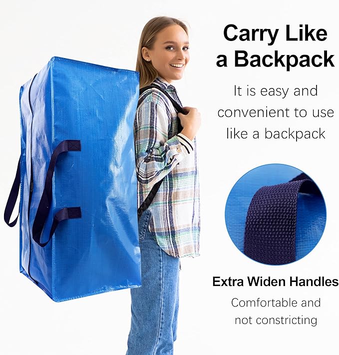 Heavy Duty Extra Large Moving Bags W/Backpack Straps - Strong Handles & Zippers, Storage Totes For Space Saving, Fold Flat, Alternative to Box and Bin (Set of 6, Multicolor)