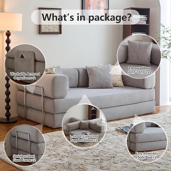 78.8" Convertible Sofa Bed - Compression Sofa with Corduroy Fabric - with Armrests and Backrest - Modular Sectional for Living Room, Bedroom, Studio - Compression Sofa in Box (Grey)