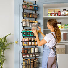 12 Inch Wide Narrow Over The Door Pantry Organizer, Pantry Organization and Storage, Black 8-Tier Metal Hanging Deep Basket Wall Spice Rack Seasoning Shelves, Home & Kitchen Essentials
