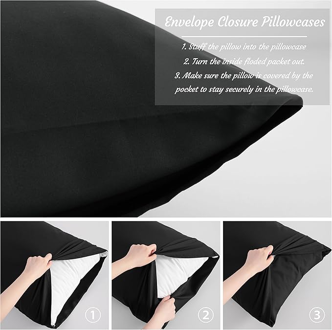 NTBAY Queen Pillow Cases Set, 2 Pack Brushed Microfiber 20x30 Inches, Soft, Wrinkle, Fade, Stain Resistant Black Pillow Cases with Envelope Closure
