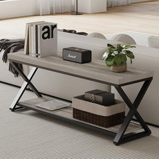 IBF Industrial Wood Entryway Bench, Indoor Farmhouse Hallway Accent Entry Bench for Seating Sitting with Storage, Metal Shoe Rack Grey Bench Organizer in Foyer Bedroom, Light Grey Oak, 47 Inch Long