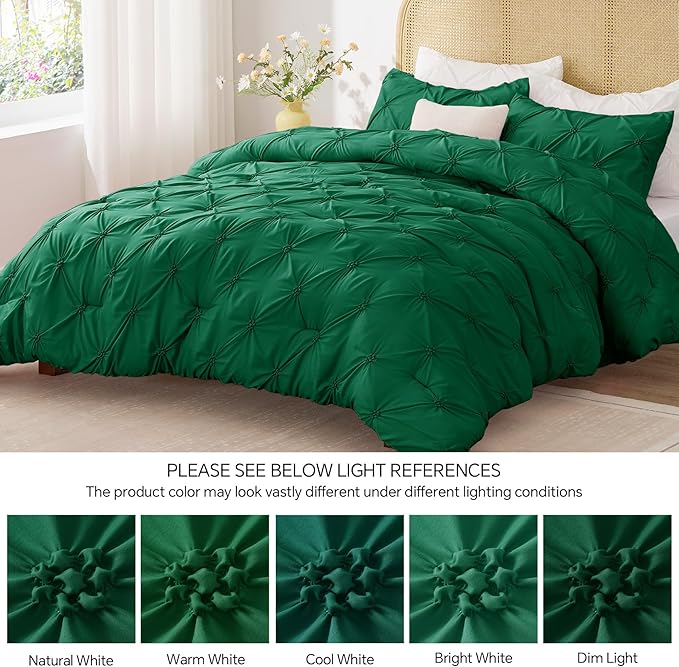 BEDELITE Forest Green King Size Comforter Set - 3 Pieces Boho Pintuck Bedding Comforter Sets, Lightweight Soft & Warm King Bedding Set with 2 Pillowcases for All Season