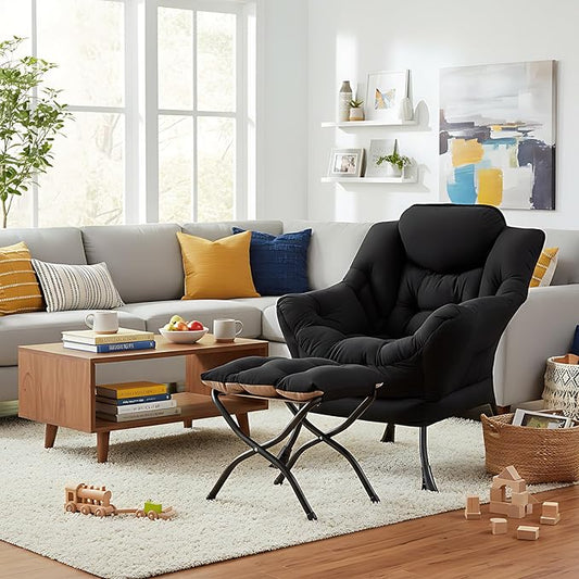 Lazy Chair with Folding Ottoman, Modern Accent Lounge Armchair with Armrests and a Side Pocket & Foldable Footstool, Leisure Reading Chair for Living Room, Bedroom, Dorm & Office, Black