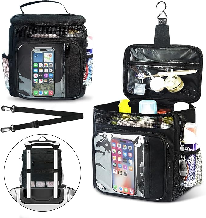 Dorm Room Essentials for Guys Girls Boys, Hanging Toiletry Bag，Waterproof Travel Shower Caddy Organizer with Clear Pockets, Mesh Compartments & Hook Portable Toiletry Bag for Gym, Camping, Cruise