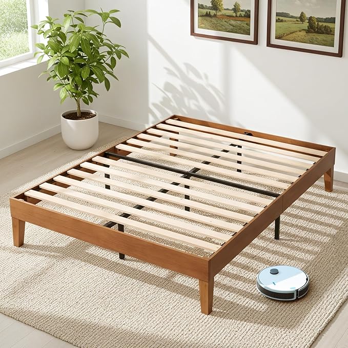 Sweetcrispy Solid Wood Bed Frame, Full Size Bed Base with Wood Slat Support, Sturdy, Stylish & Noise-Free Design, No Box Spring Needed, Easy Assembly, Dark Brown