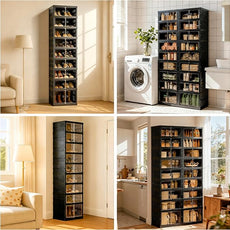 Foldable Shoe Organizer Storage Box, Portable Extra Large Folding Shoe Rack for Closet, Shoe Storage Box with Magnetic Transparent Door and Wheels, 9 Layers 18 Grids with 2 Big Grids