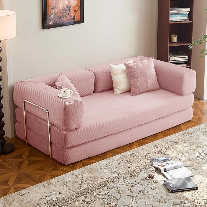 78.8" Convertible Sofa Bed -Compression Sofa with Corduroy Fabric - with Armrests and Backrest - Modular Sectional for Living Room, Bedroom, Studio - Compression Sofa in Box(Pink)