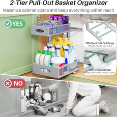 Under Sink Organizer, 2-Pack Pull Out Cabinet Organizer 2 Tier Metal Slide Out Storage Shelf Rack, L-Shaped Adjustable Height,Mesh Sliding Drawer for Kitchen, Bathroom, Laundry, Pantry, Grey, XL
