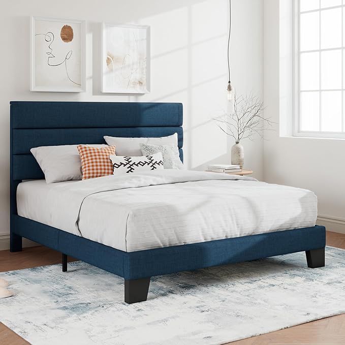 SHA CERLIN Full Platform Bed Frame with Upholstered Fabric Headboard, Mattress Foundation with Strong Wooden Slats Support, No Box Spring Needed, Blue